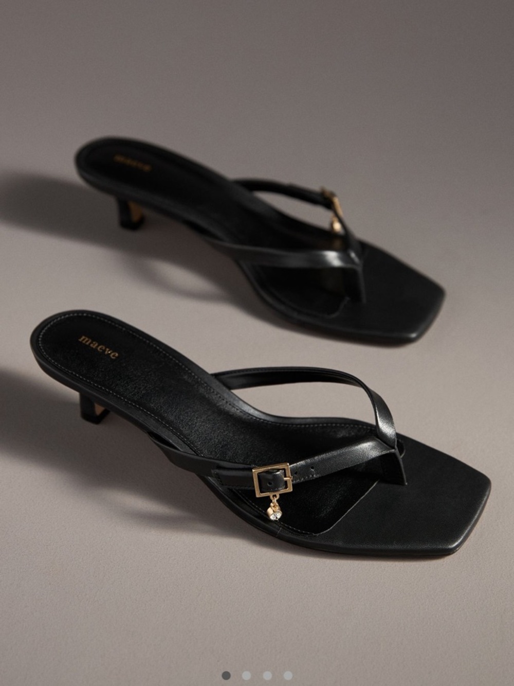 Maeve Black Leather Kitten Heel Thong Sandals with Gold Accent